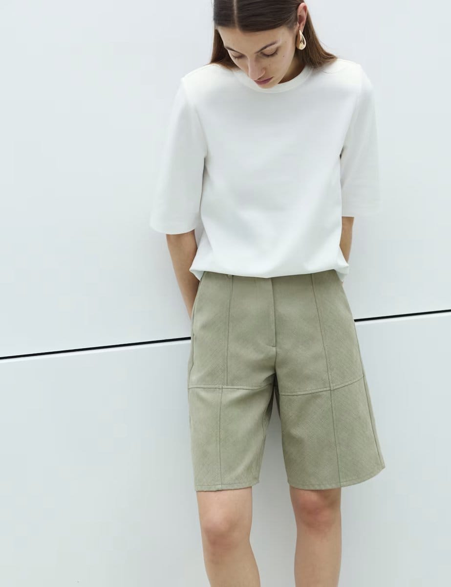 Marks & Spencer M&S Faux Suede Weave Effect Longline Shorts Light Olive - 1