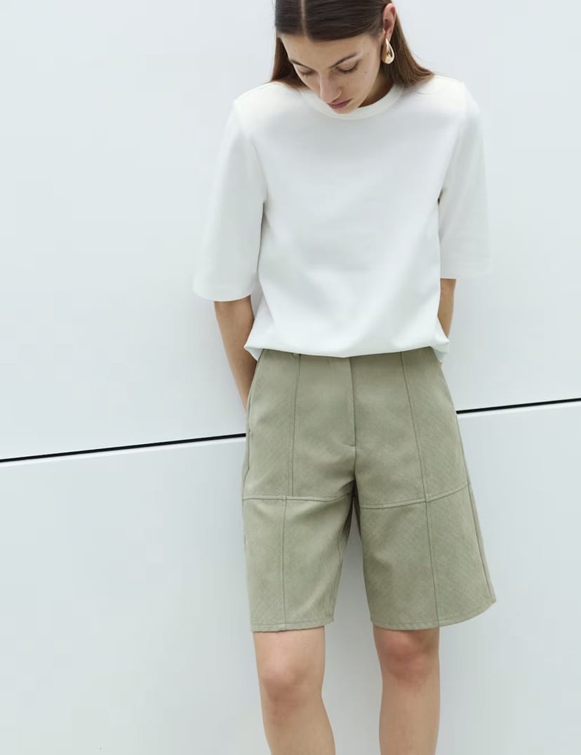 Marks & Spencer M&S Faux Suede Weave Effect Longline Shorts Light Olive - 1