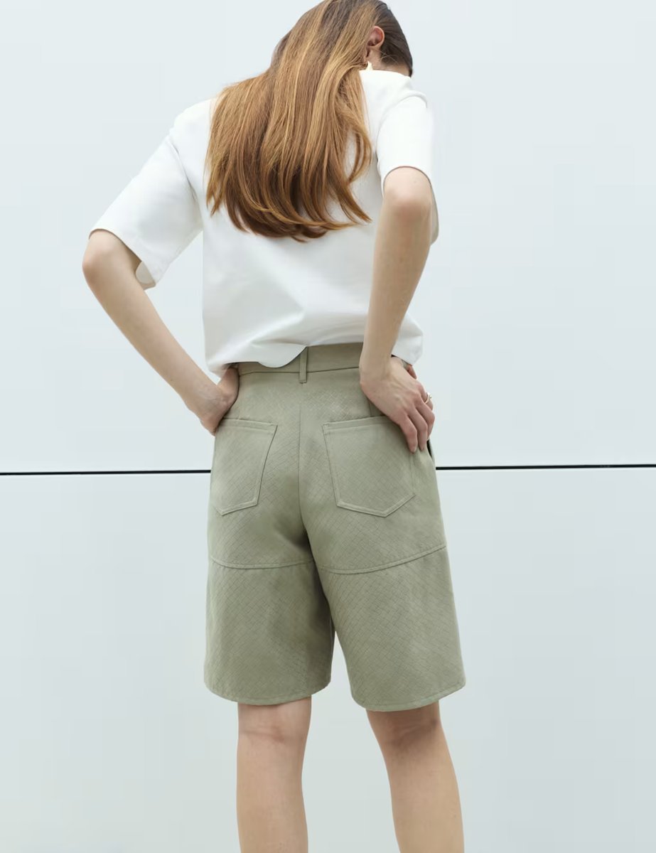 Marks & Spencer M&S Faux Suede Weave Effect Longline Shorts Light Olive - 3