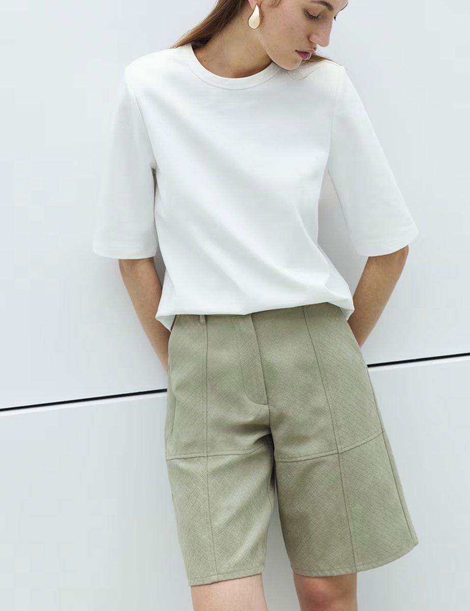 Marks & Spencer M&S Faux Suede Weave Effect Longline Shorts Light Olive - 4