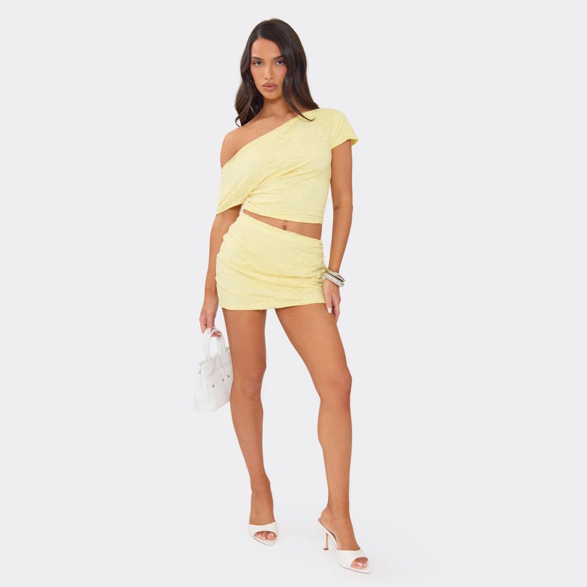 EGO Mid Rise Mini Skirt In Lemon Yellow Lace, Women's Size UK 6 - 1