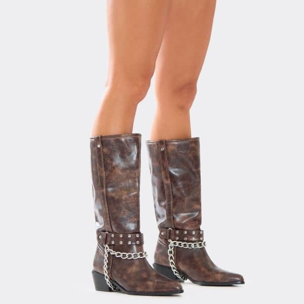 EGO Toast-To-You Chain Detail Knee High Long Boot In Brown Acid Faux Leather, Women's Size UK 3