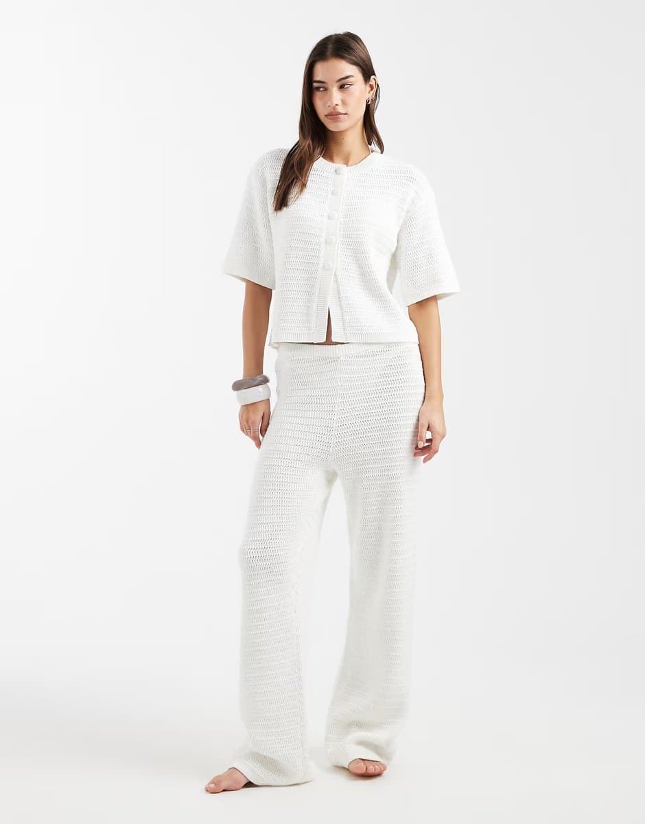 ASOS 4th & Reckless cotton rich crochet knit button through cropped beach shirt and beach trousers co-ord in white