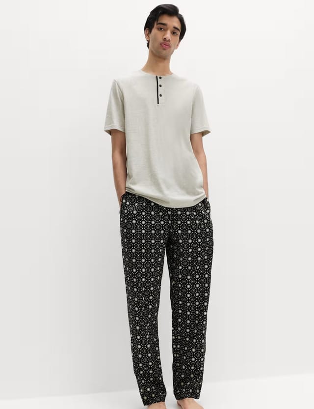Marks & Spencer M&S Pure Cotton Eid Printed Henley Pyjama Set Black Mix - 2