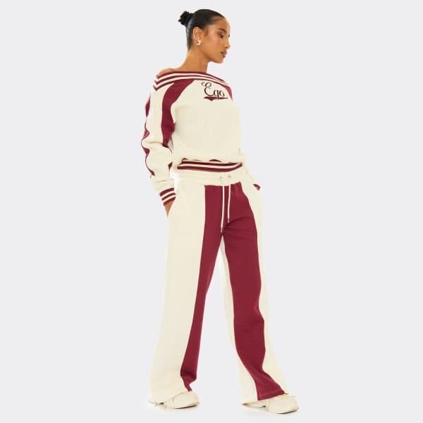 EGO Oversized Tie Waist Contrast Stripe Wide Leg Joggers In Burgundy, Women's Size UK 8