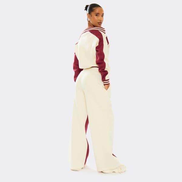 EGO Oversized Tie Waist Contrast Stripe Wide Leg Joggers In Burgundy, Women's Size UK 8 - 2