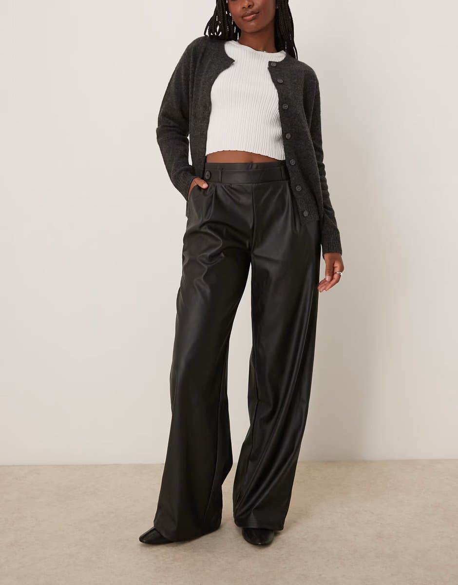 ASOS JDY high waisted wide leg faux leather trousers in black