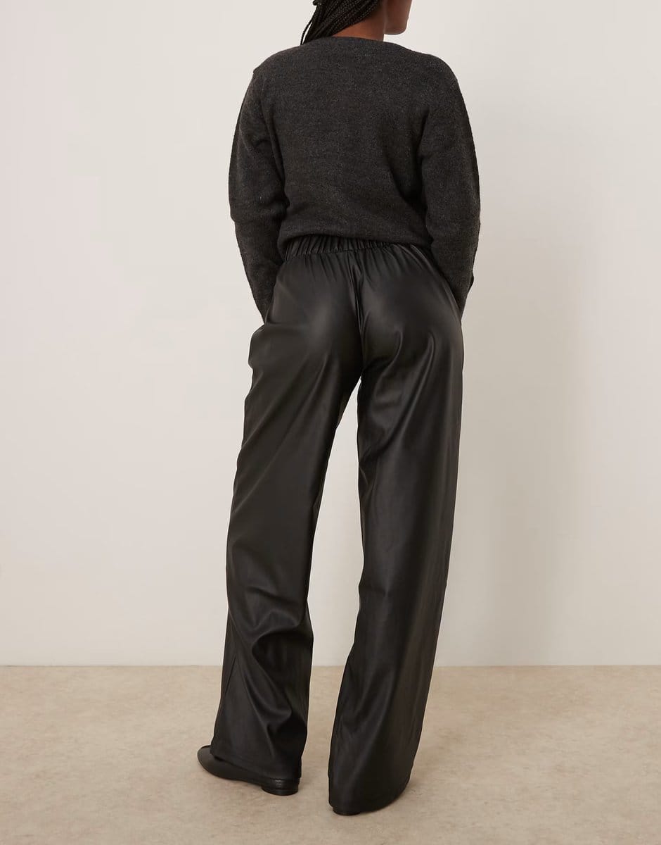 ASOS JDY high waisted wide leg faux leather trousers in black - 4