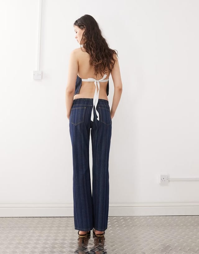 ASOS Lioness denim low rise flared jeans co-ord in dark denim stripe - 3