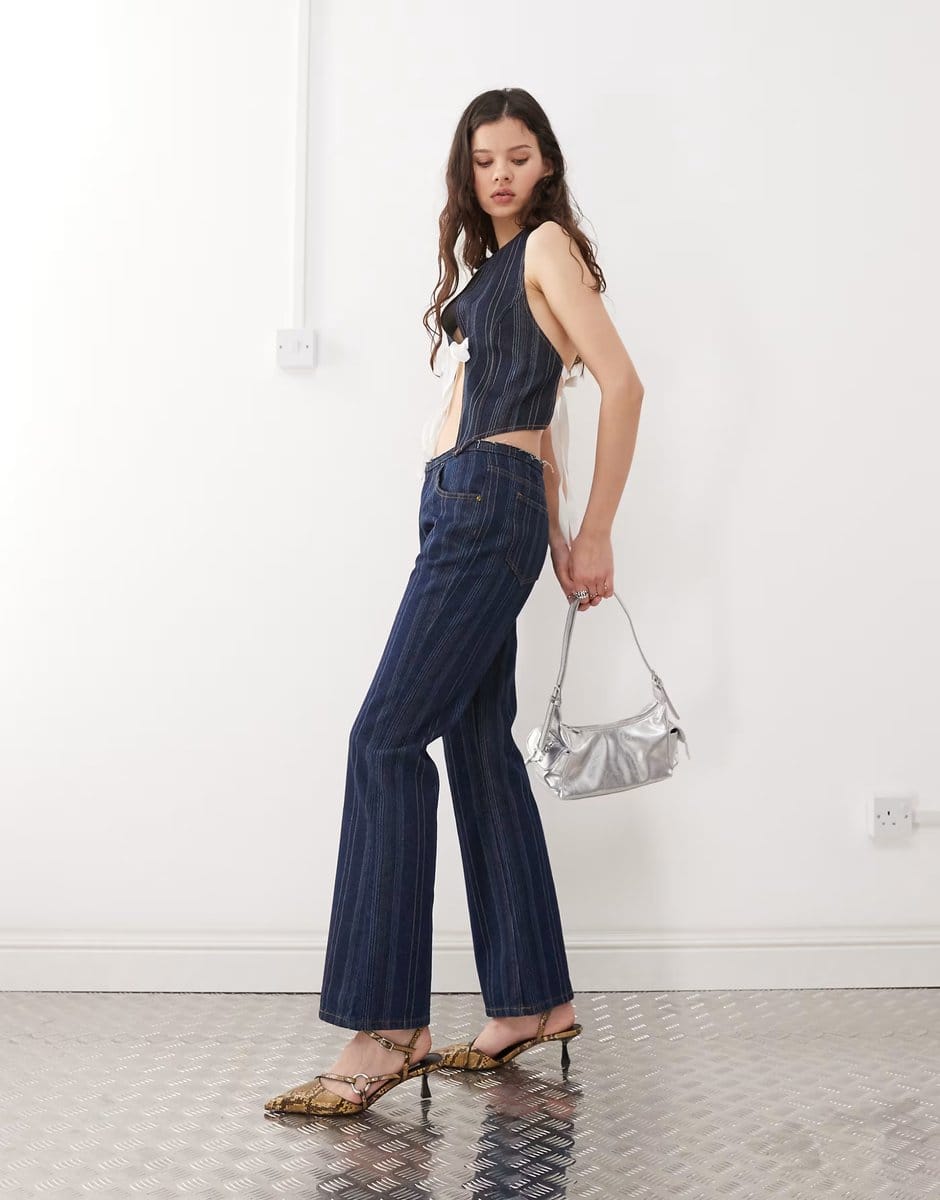 ASOS Lioness denim low rise flared jeans co-ord in dark denim stripe - 4