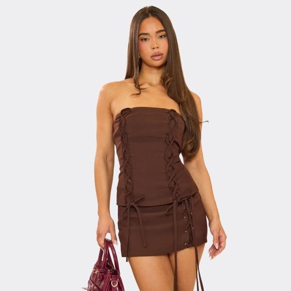 EGO Bandeau Lace Up Detail Fitted Top In Chocolate Brown, Women's Size UK 6 - 1