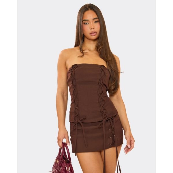 EGO Bandeau Lace Up Detail Fitted Top In Chocolate Brown, Women's Size UK 6 - 2