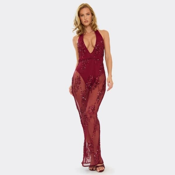 EGO Halterneck Sequin Sheer Detail Maxi Dress In Burgundy, Women's Size UK 6