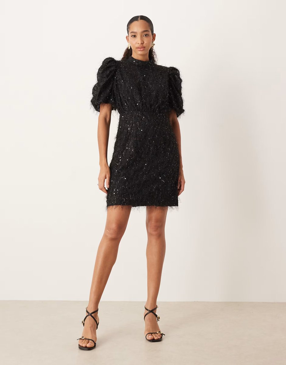 ASOS YAS fluffy textured sequin mini dress in black - 3