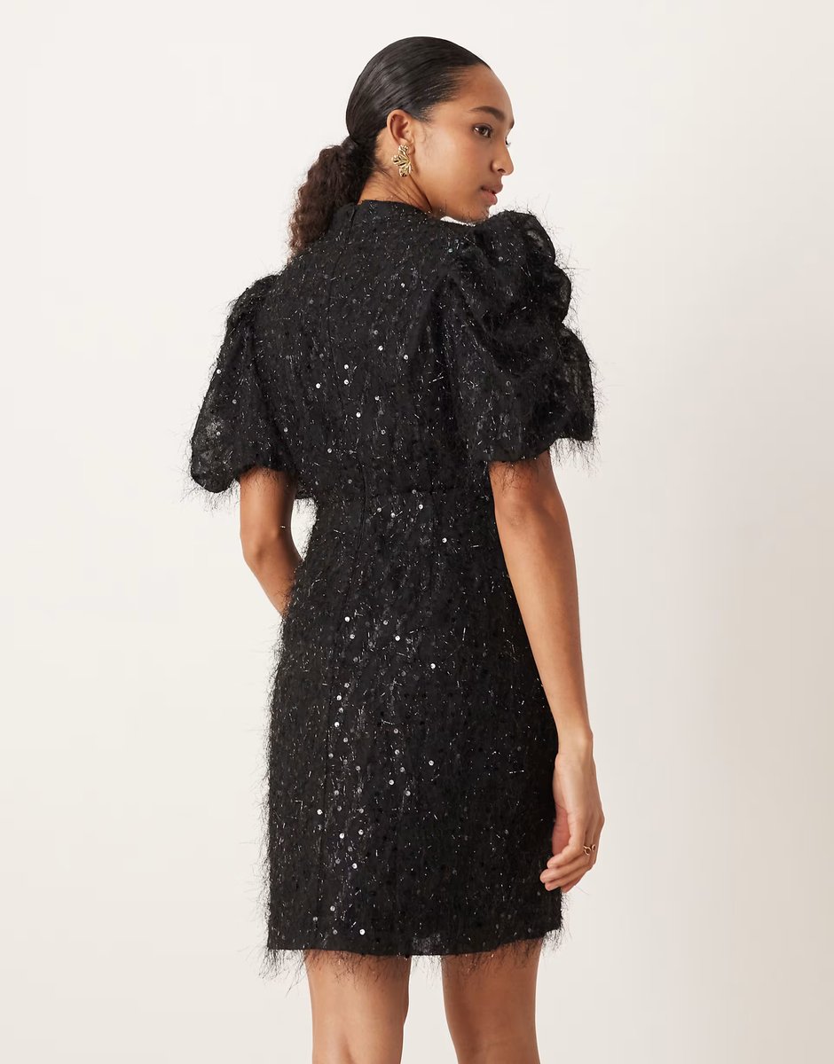 ASOS YAS fluffy textured sequin mini dress in black - 4