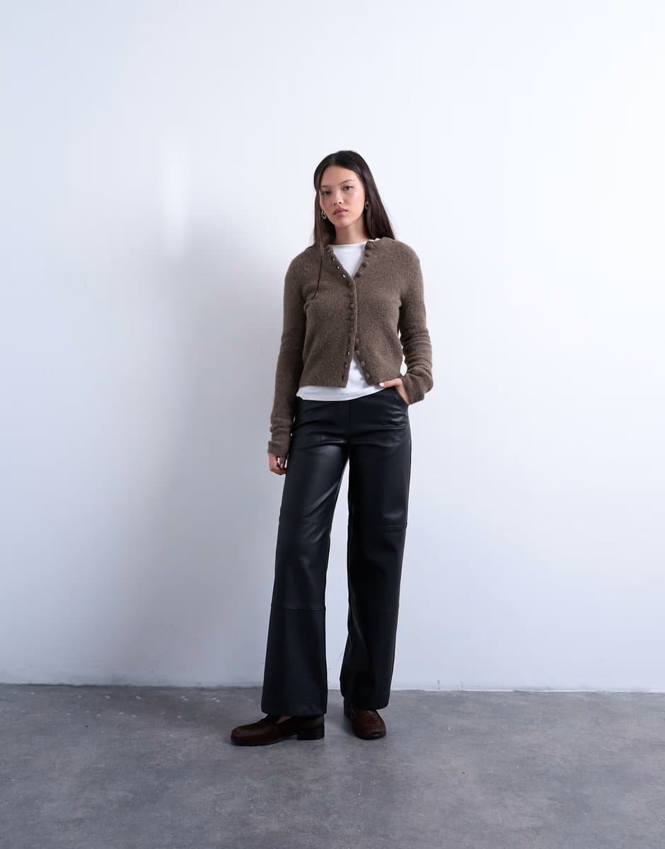 ASOS Topshop faux leather seam detail straight leg trouser in black