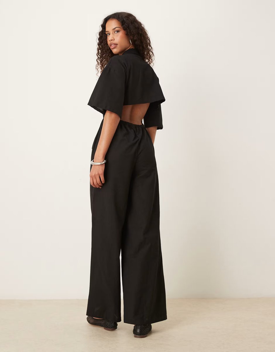 ASOS ASOS DESIGN button down collared wide leg jumpsuit in black - 4