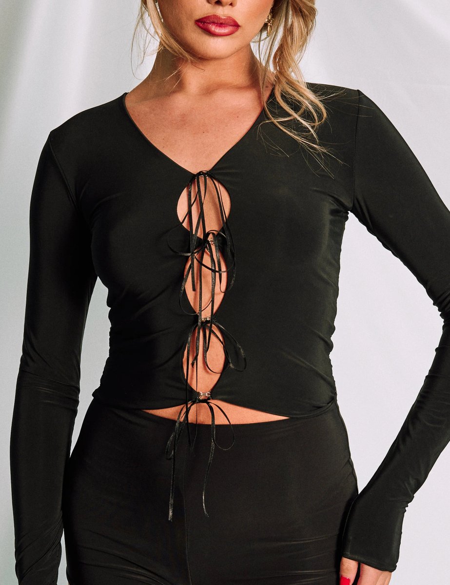 Public Desire Slinky Cut Out Bow Detail Long Sleeve Top Black - 4