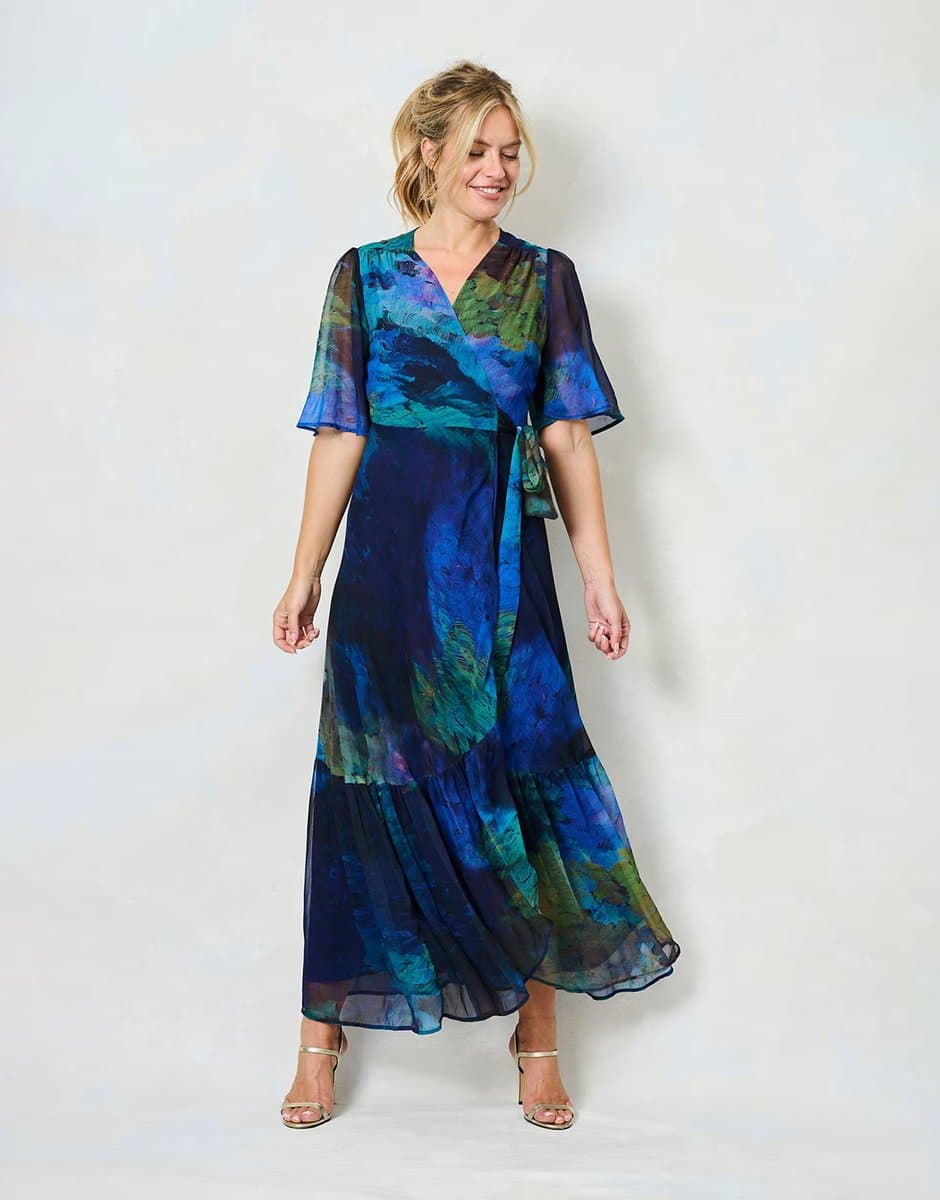 ASOS Hope & Ivy The jacqueline flutter sleeve maxi wrap dress with tie waist in blue multi