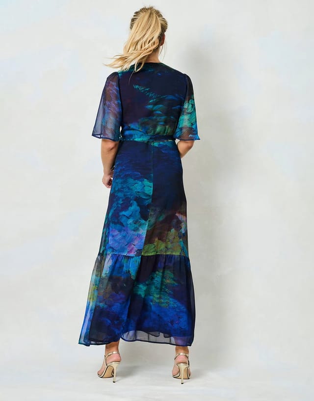 ASOS Hope & Ivy The jacqueline flutter sleeve maxi wrap dress with tie waist in blue multi - 3