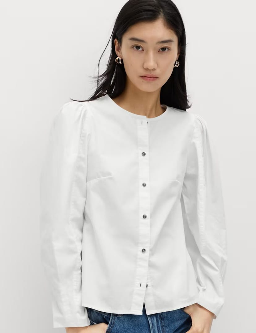 Marks & Spencer M&S Pure Cotton Printed Button Through Blouse Soft White - 1