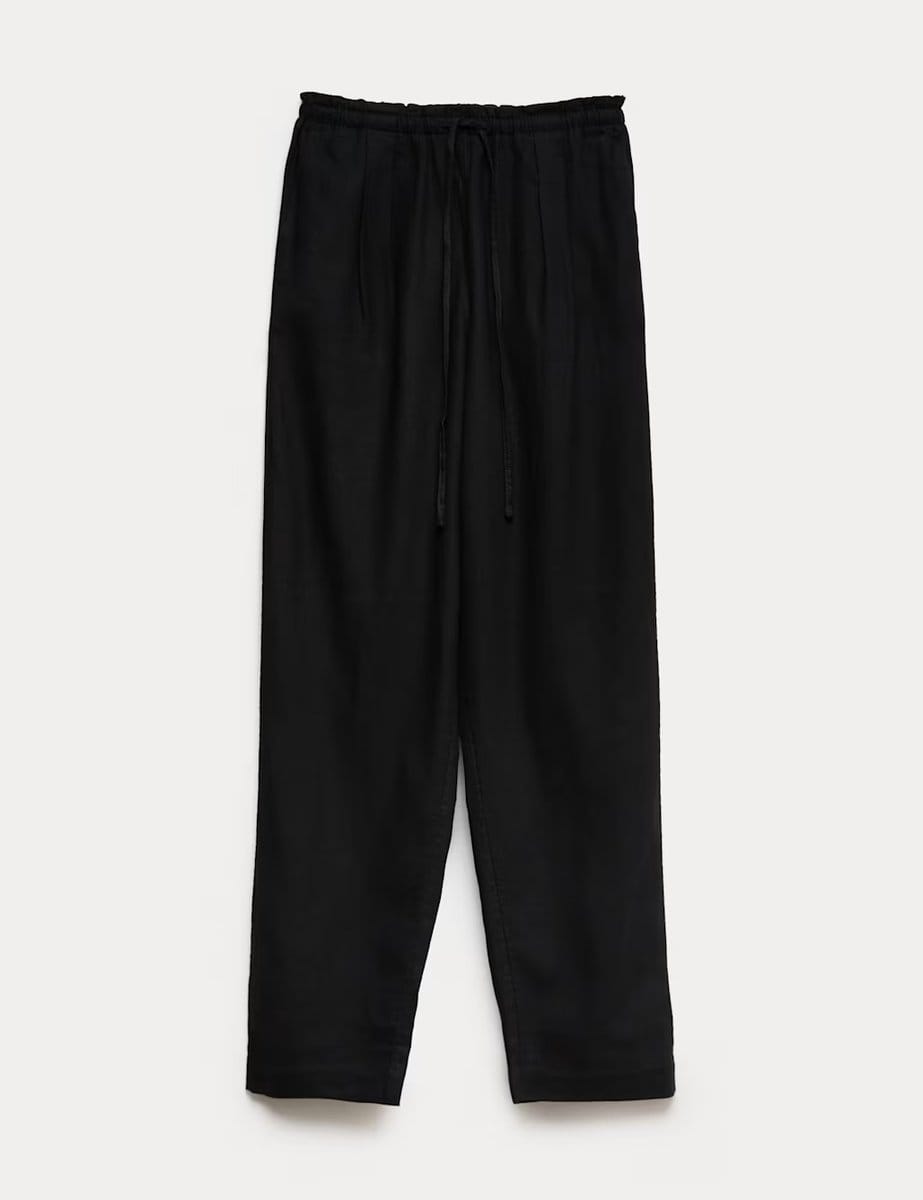 Marks & Spencer M&S Linen Rich Elasticated Waist Tapered Trousers Black - 1