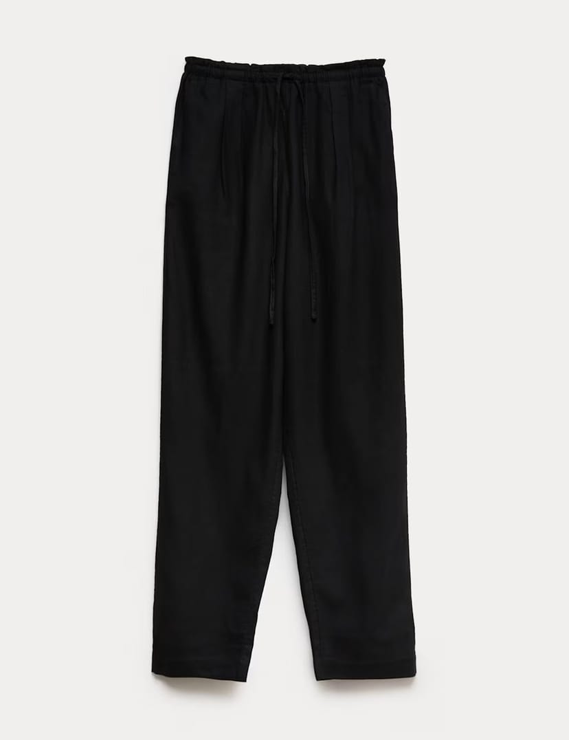 Marks & Spencer M&S Linen Rich Elasticated Waist Tapered Trousers Black - 1