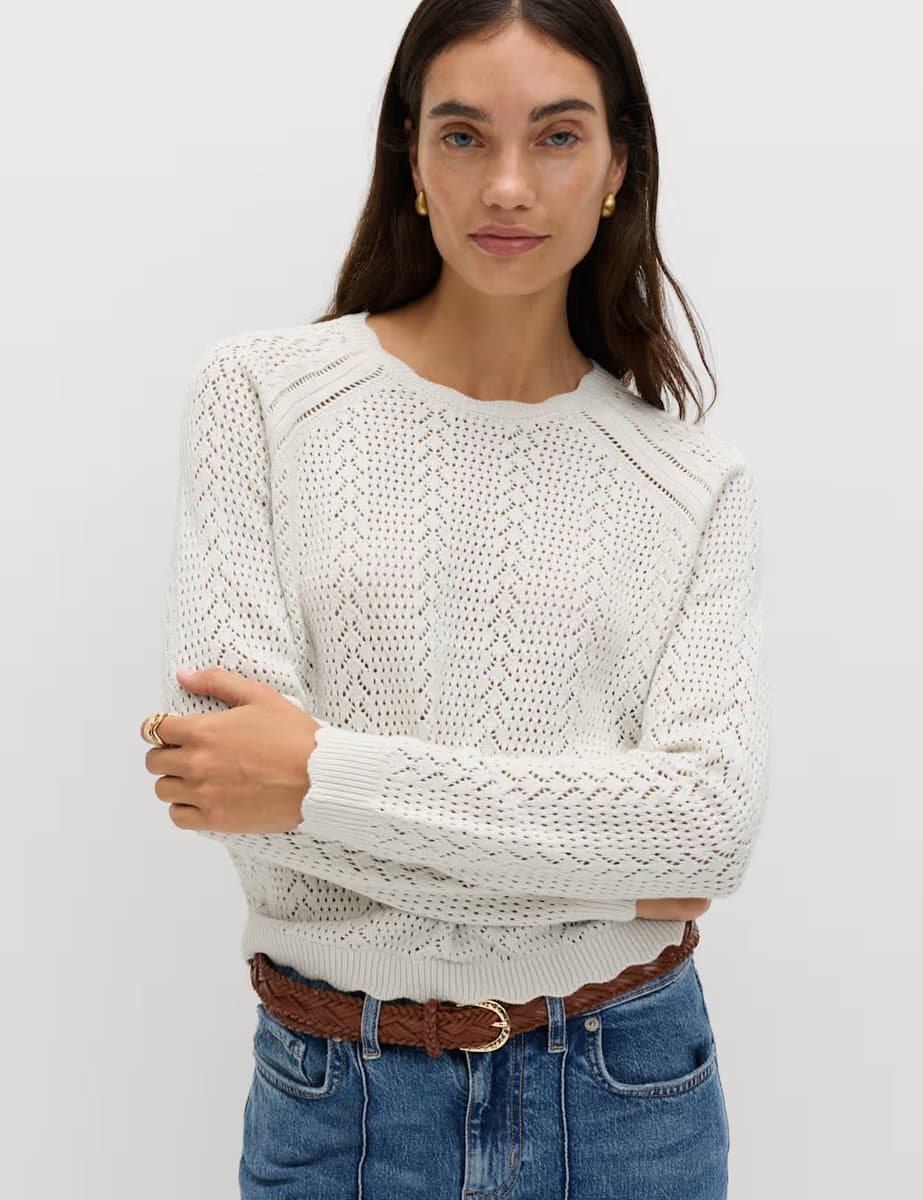 Marks & Spencer M&S Light Natural Cotton Rich Pointelle Scallop Edge Jumper