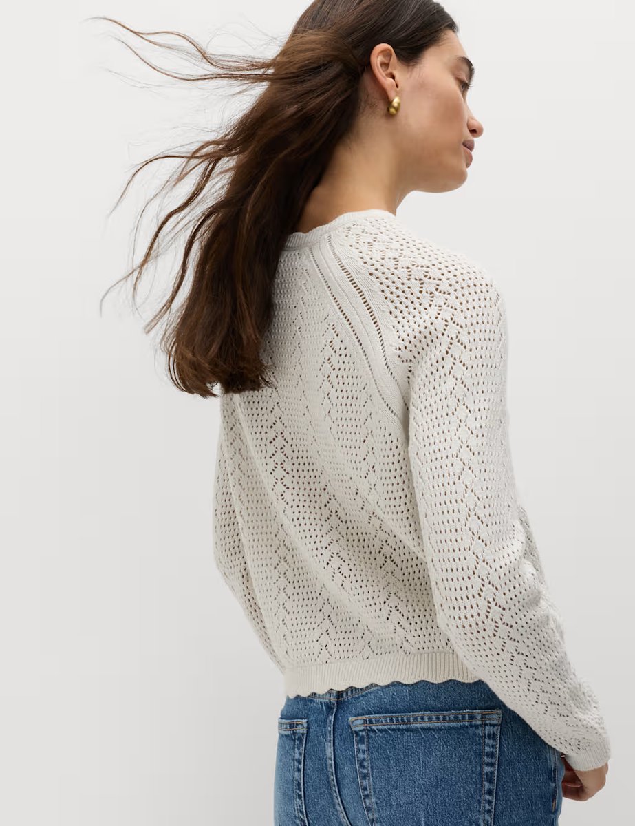 Marks & Spencer M&S Cotton Rich Pointelle Scallop Edge Jumper Light Natural - 2