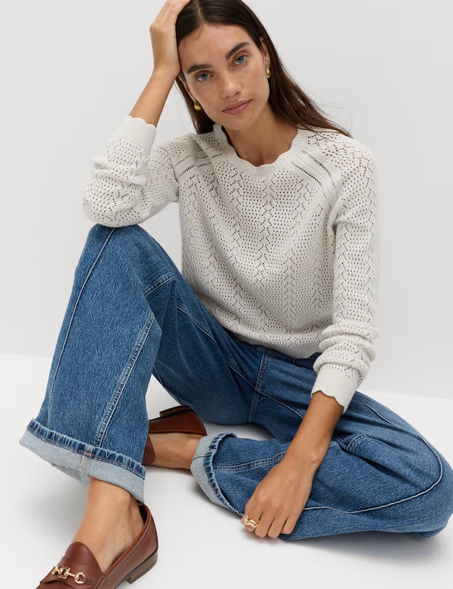 Marks & Spencer M&S Cotton Rich Pointelle Scallop Edge Jumper Light Natural - 3