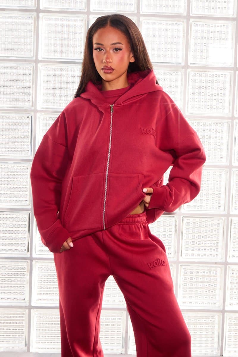 Kaiia Kaiia Embossed Logo Oversized Zip Through Hoodie Deep Red