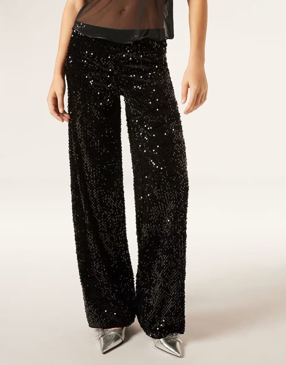 ASOS Calzedonia Velvet and sequin palazzo trousers in black