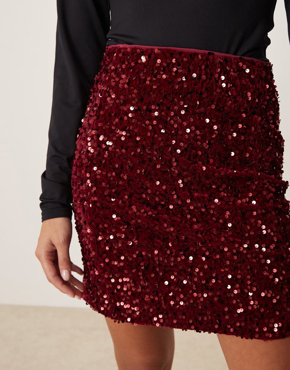 ASOS Vila Petite sequin mini skirt in dark red - 2