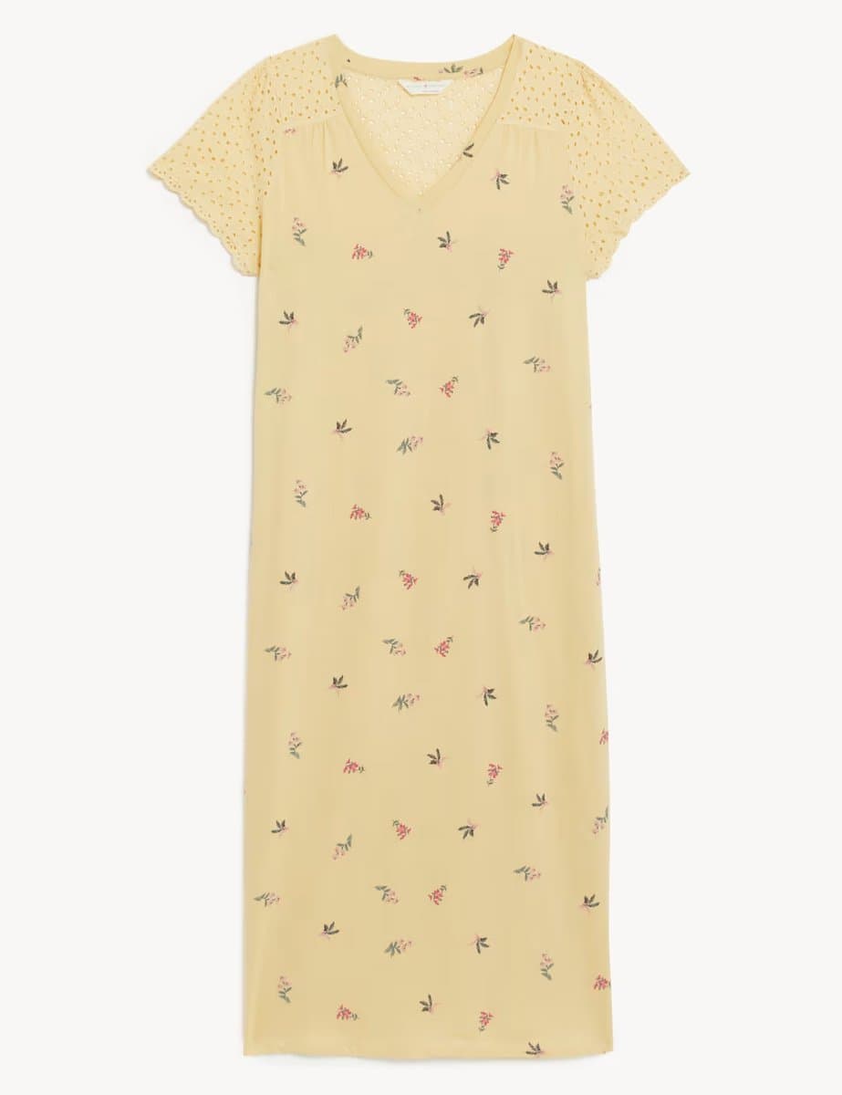 Marks & Spencer M&S Pure Cotton Floral Broderie Long Nightdress Yellow Mix