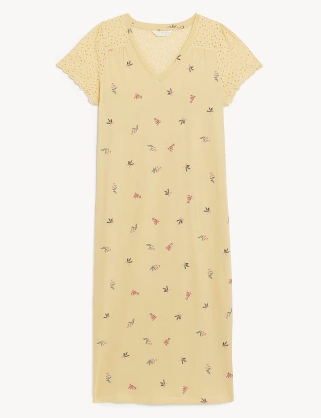 Marks & Spencer M&S Pure Cotton Floral Broderie Long Nightdress Yellow Mix - 2