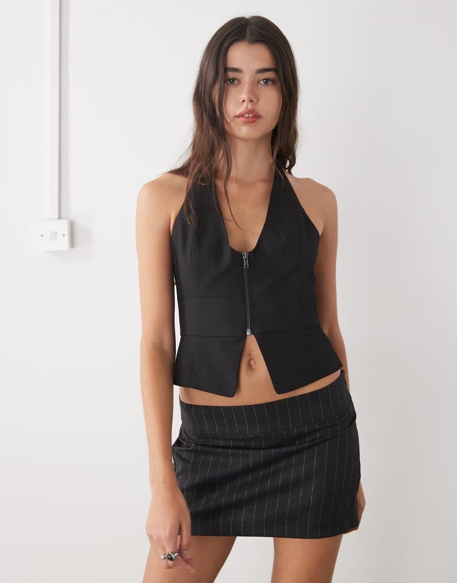 ASOS Monki low waisted tailored mini skirt in dark grey glitter pinstripe