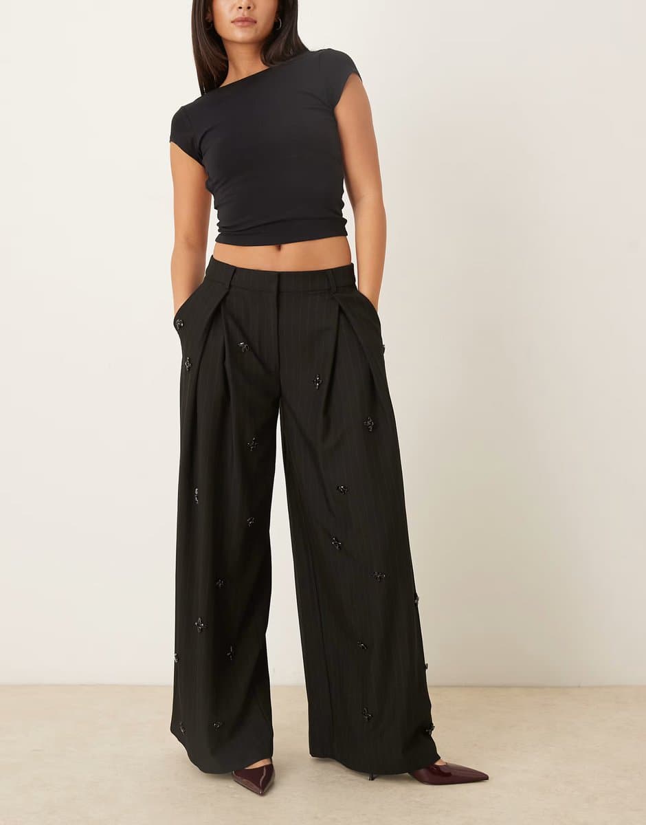 ASOS ASOS DESIGN Low Rise Embellished Trousers in Black Pinstripe