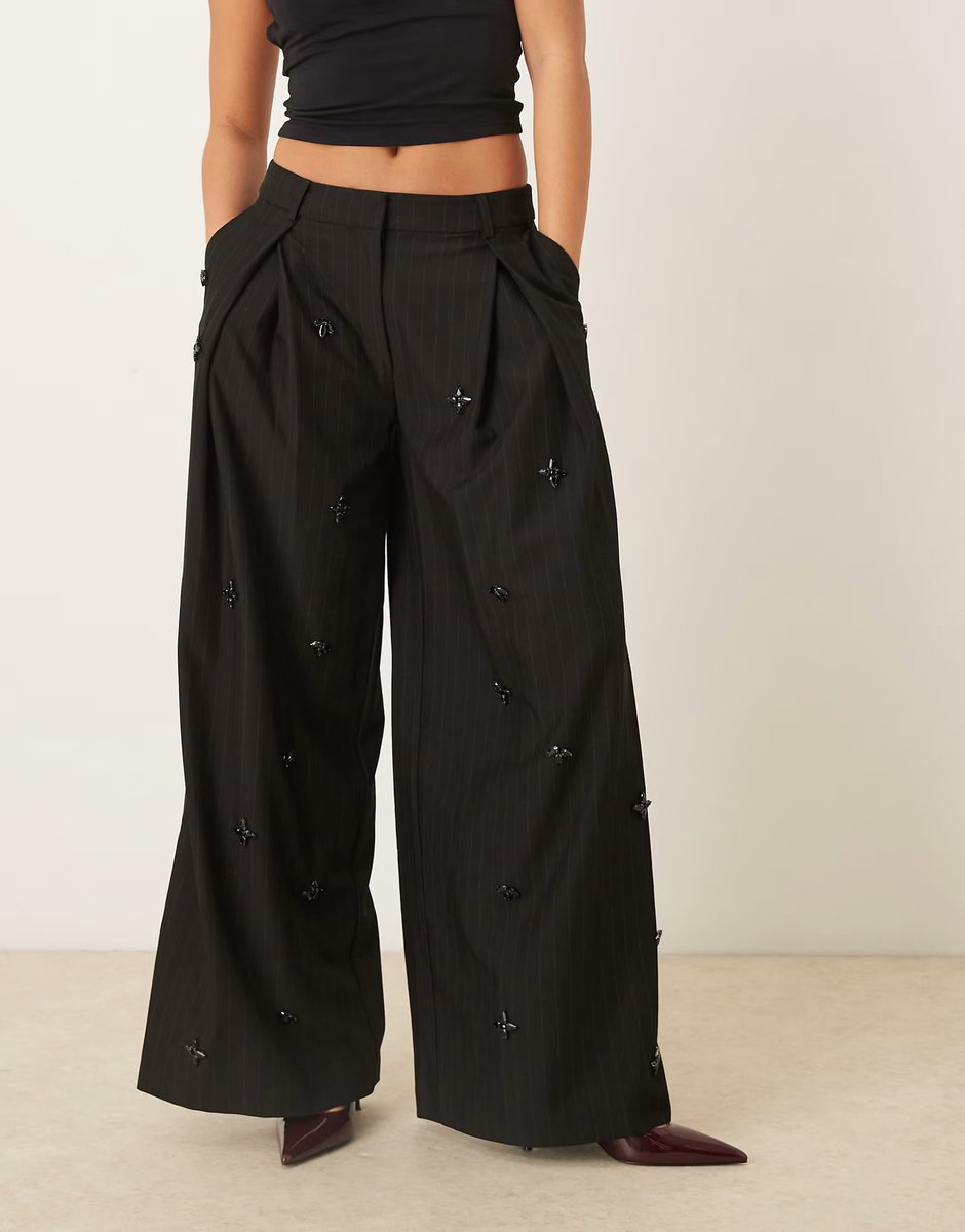 ASOS ASOS DESIGN tailored low rise embellished trousers in black pinstripe  - 3