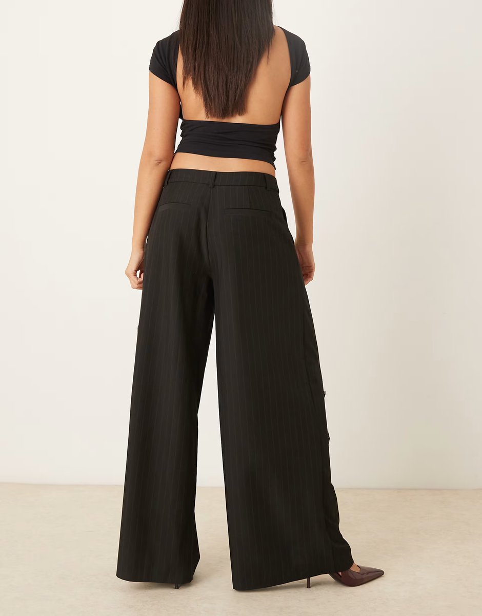 ASOS ASOS DESIGN tailored low rise embellished trousers in black pinstripe  - 4