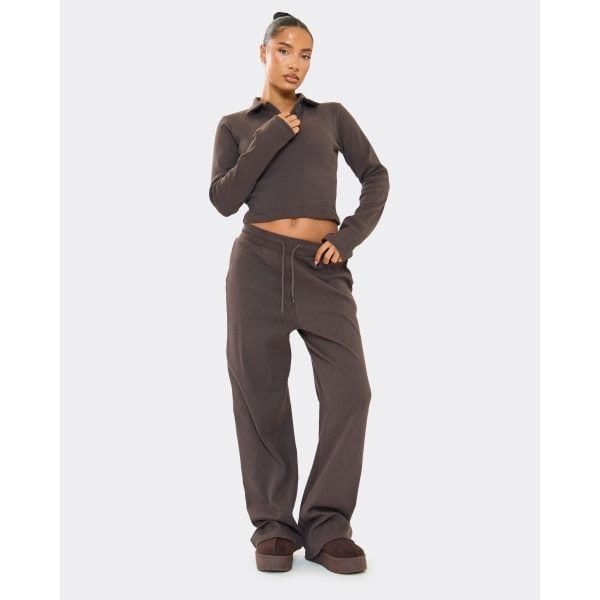EGO Mid Rise Drawstring Wide Leg Trousers In Chocolate Brown Ribbed, Women's Size UK 6 - 2