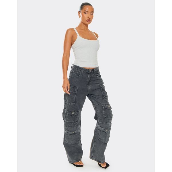 EGO Mid Rise Pocket Detail Cargo Wide Leg Jeans In Washed Grey Denim, Women's Size UK Small S - 2