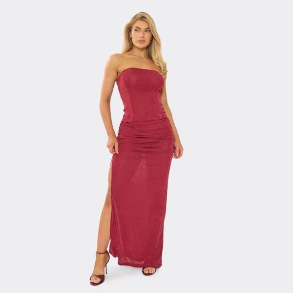 EGO Bandeau Top And Ruched Split Side Maxi Skirt Co-Ord Set In Sheer Red Glitter Mesh, Women's Size UK 6