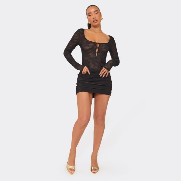 EGO Low Rise Ruched Mini Skirt In Black Slinky, Women's Size UK 6 - 2