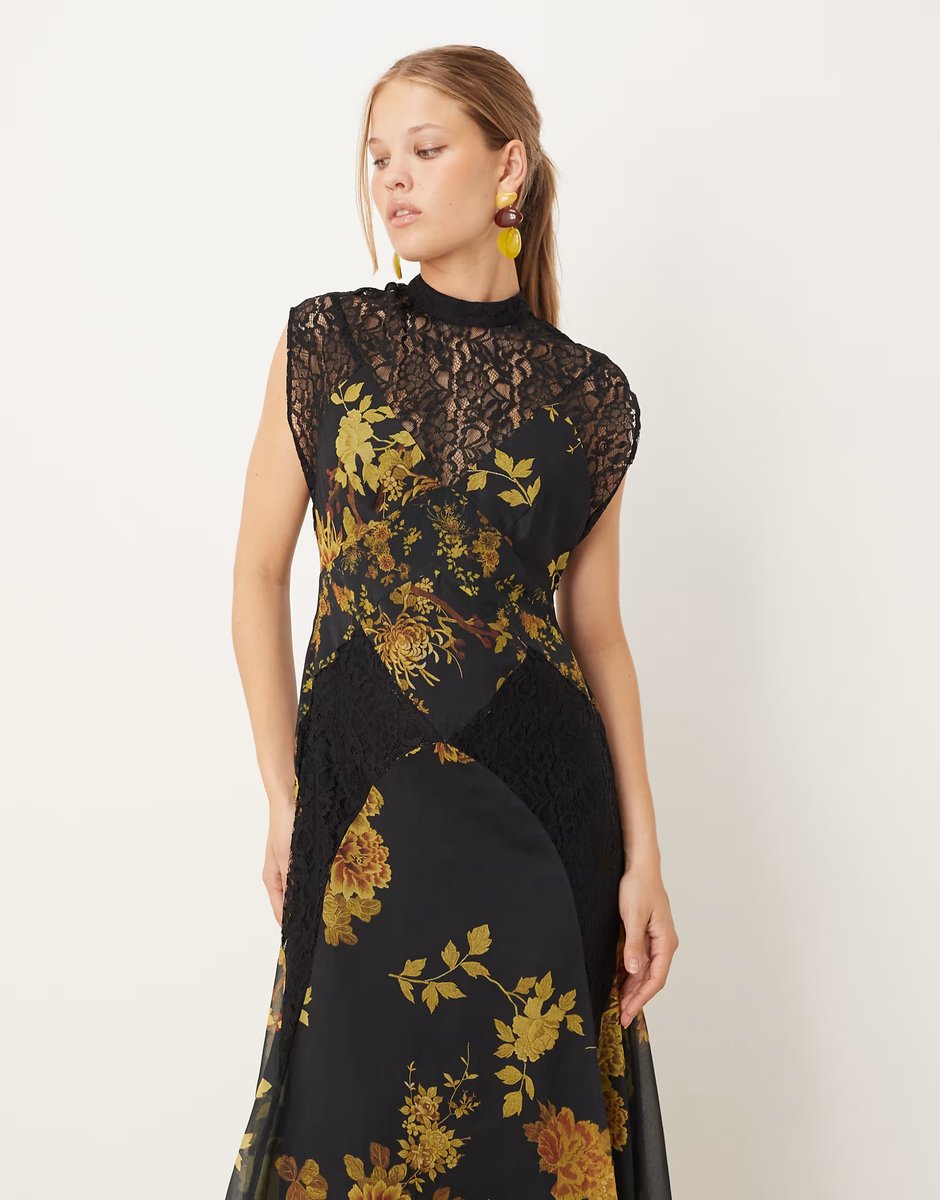 ASOS ASOS DESIGN seamed high neck lace detail midi dress in dark yellow floral print - 3