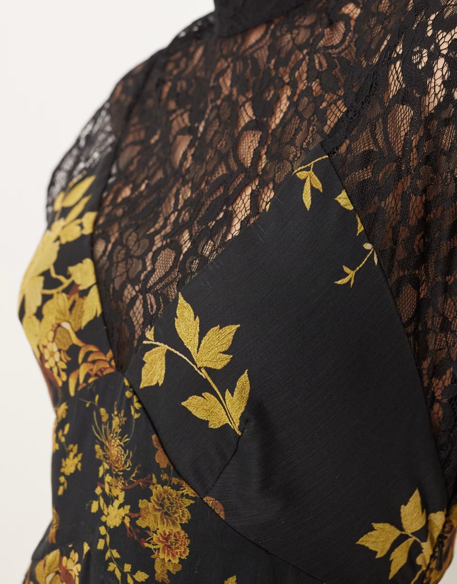 ASOS ASOS DESIGN seamed high neck lace detail midi dress in dark yellow floral print - 4