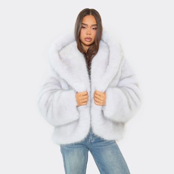 EGO Hooded Oversized Coat In Light Grey Faux Fur, Women's Size UK Medium M - 1