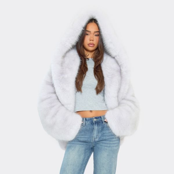 EGO Hooded Oversized Coat In Light Grey Faux Fur, Women's Size UK Medium M - 2
