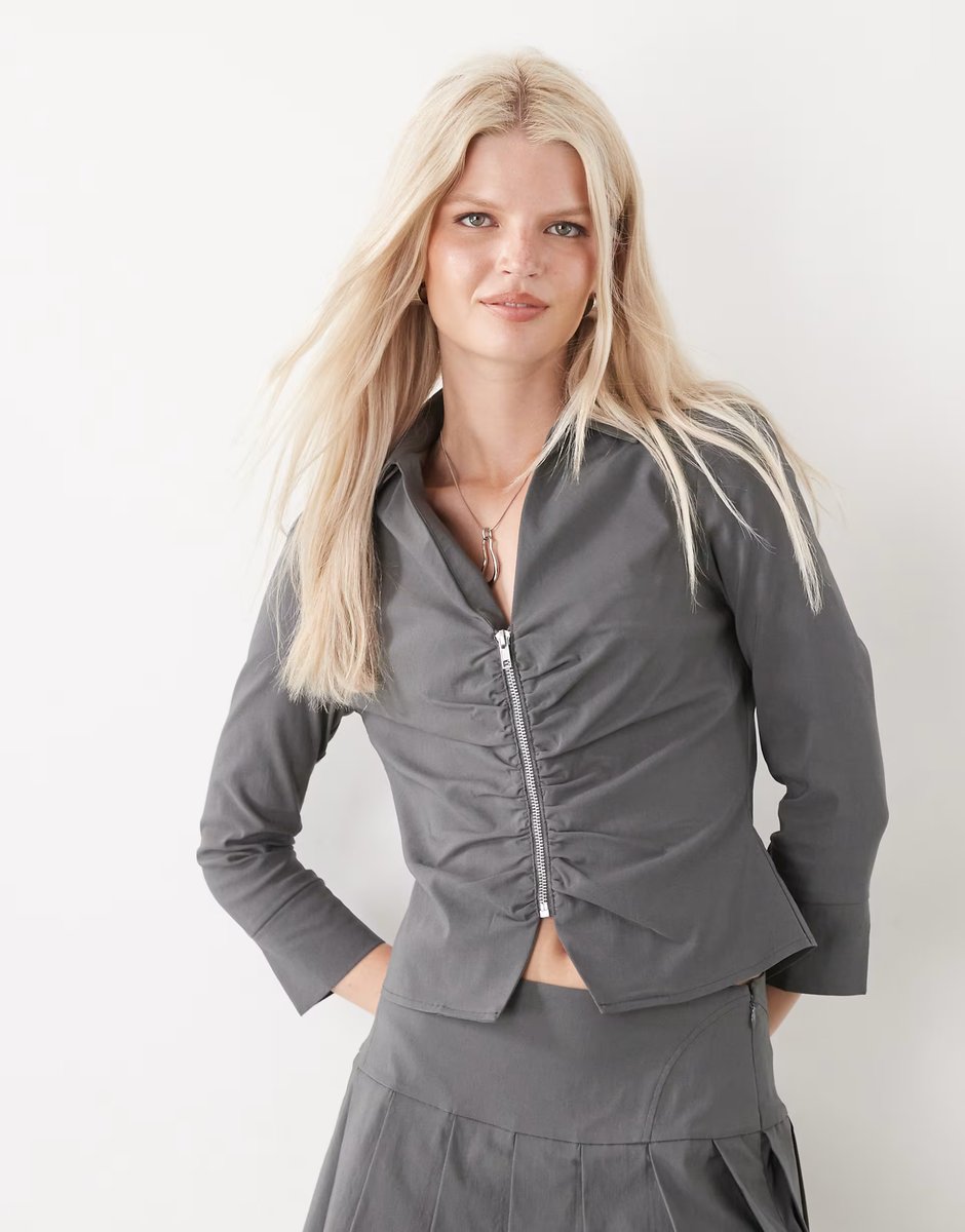 ASOS COLLUSION Tailored bengaline ruched fitted shirt co-ord in grey - 3