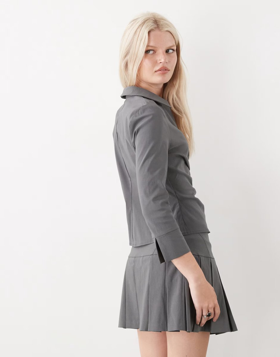 ASOS COLLUSION Tailored bengaline ruched fitted shirt co-ord in grey - 4