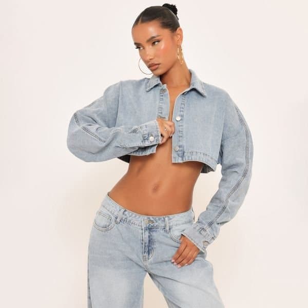 EGO EGO Dramatic Batwing Sleeve Denim Top in Blue